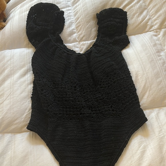 Free People Black Over the Rainbow crochet bodysuit Large - Picture 2 of 5